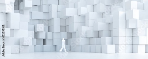 A minimalist scene featuring a person walking through a vast landscape of white cubes, symbolizing exploration and creativity.