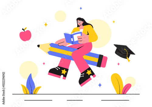Education and Knowledge Books Vector Illustration featuring People Studying and School Items for Learning in a Flat Style Cartoon Background