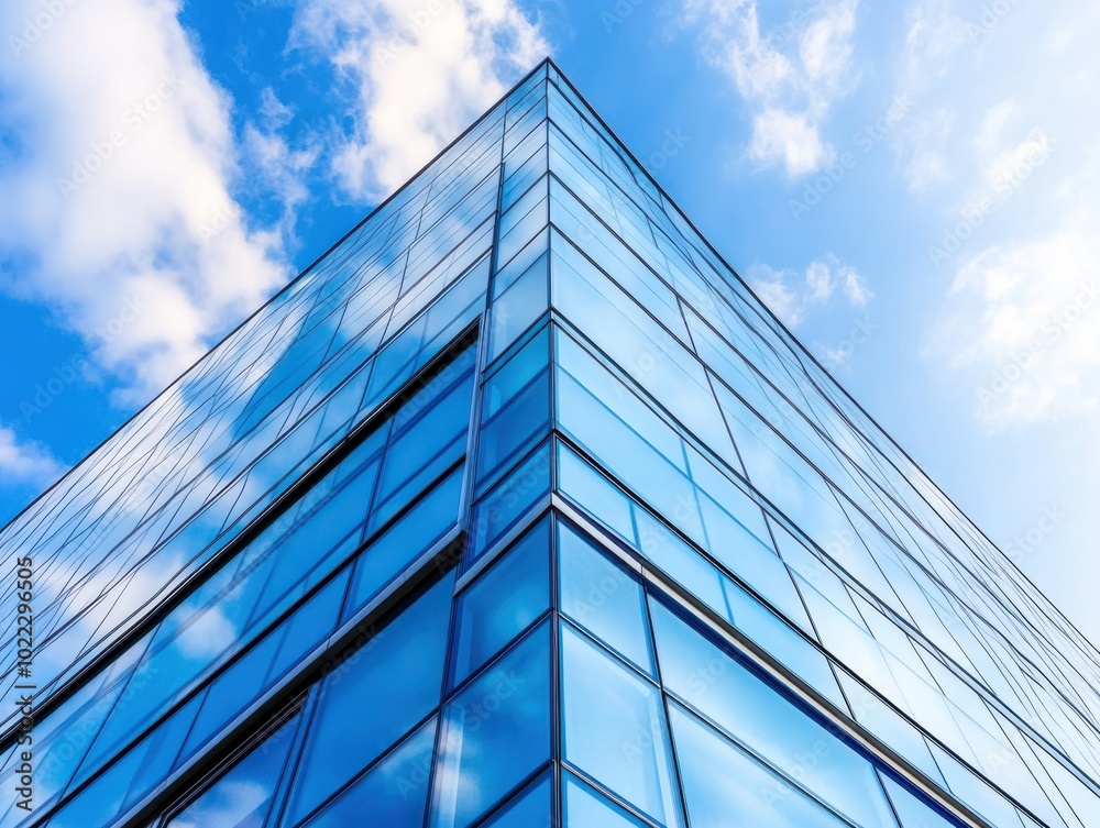 A modern glass building reaching towards the blue sky, reflecting light and clouds, showcasing contemporary architecture. A modern glass building reaching towards the blue sky, reflecting light and clouds, showcasing contemporary architecture.