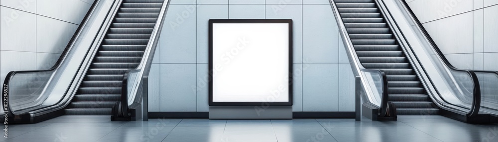 A modern escalator view in a sleek environment featuring a blank advertising space, perfect for urban design and transport visuals. A modern escalator view in a sleek environment featuring a blank advertising space, perfect for urban design and transport visuals.
