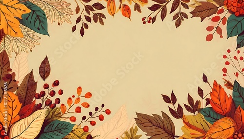 Retro autumn banner featuring doodled leaves and berries in warm colors for seasonal celebrations. Generative AI