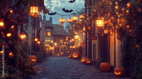 Halloween night in an old town cobblestone street. 4k HD wallpaper background for Halloween celebration greeting card, invitation party.