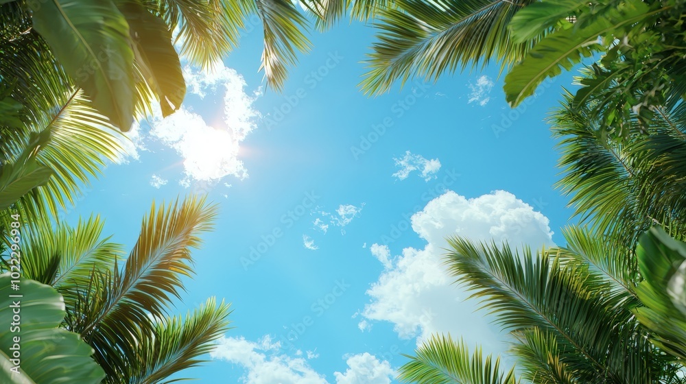 Palm Tree Canopy Against Blue Sky with Sun Flare Tropical Vacation Background Palm Tree Canopy Against Blue Sky with Sun Flare Tropical Vacation Background