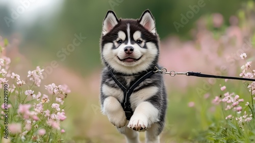 Happy Husky Puppy Running Through Flower Garden with Leash