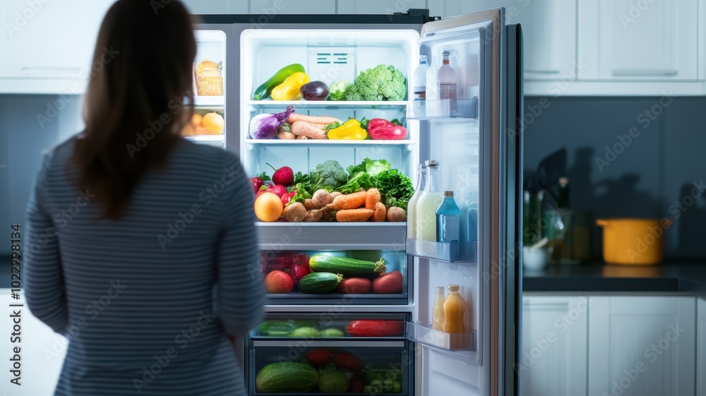 A person gazes into a well-stocked refrigerator filled with fresh fruits, vegetables, and drinks, depicting healthy eating choices.