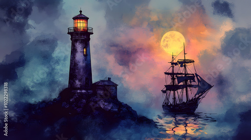 Halloween Pirate Ship, Haunted lighthouse guiding a ghostly pirate ship eerie