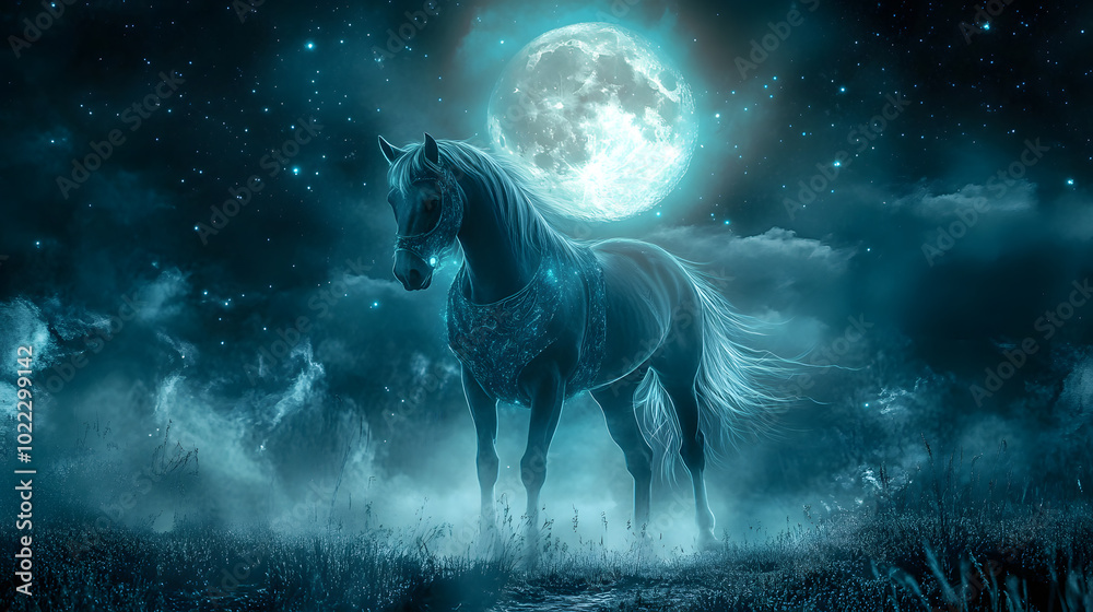 Horse in a wizard costume standing under a glowing, Halloween animal wizard and witch Costumes Horse in a wizard costume standing under a glowing, Halloween animal wizard and witch Costumes