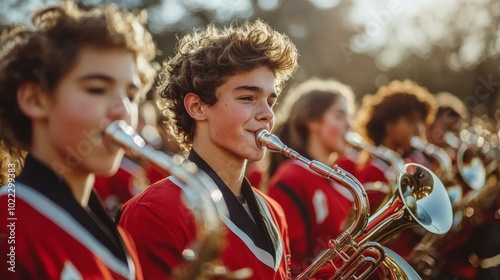 Group of high school students playing in a marching band during a football game