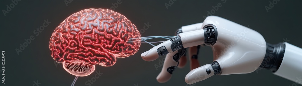 A robotic hand reaching towards a glowing brain, symbolizing the integration of artificial intelligence and human cognition. A robotic hand reaching towards a glowing brain, symbolizing the integration of artificial intelligence and human cognition.
