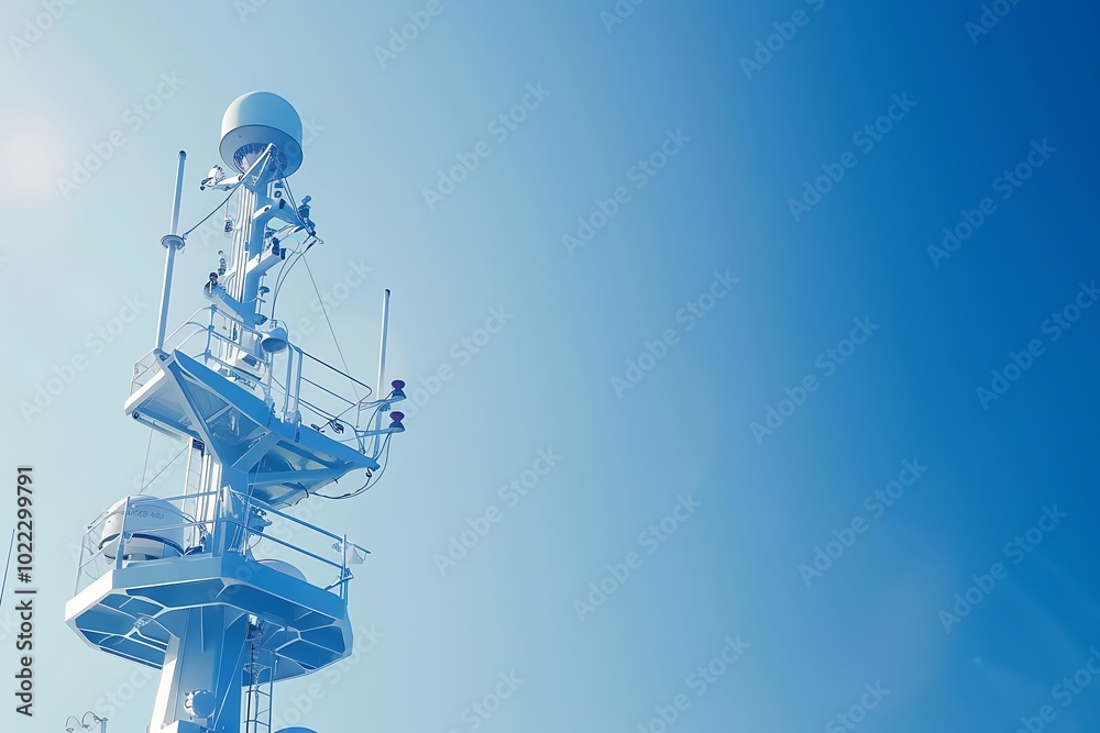 Antenna on the top of a military ship with blue sky background Antenna on the top of a military ship with blue sky background