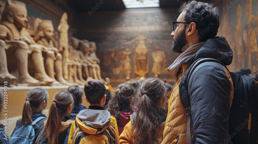 Group of students and their teacher on a field trip to a museum Group of students and their teacher on a field trip to a museum