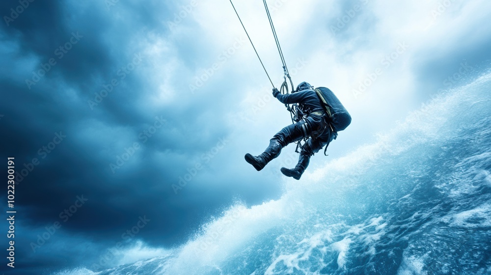 A person paragliding over tumultuous ocean waves under a dramatic sky. A person paragliding over tumultuous ocean waves under a dramatic sky.