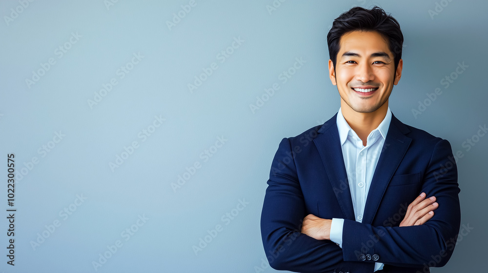 A confident businessman smiling, wearing a black suit, standing with arms crossed against a minimalist background A confident businessman smiling, wearing a black suit, standing with arms crossed against a minimalist background