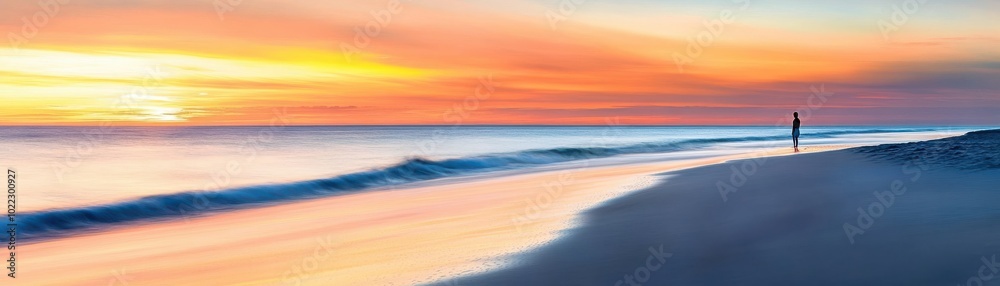Fototapeta premium A serene beach at sunset, with gentle waves and vibrant colors reflecting on the sand, creating a peaceful atmosphere.