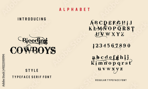 Classic College Bleeding Western Cowboys Font, Vintage Grunge Aesthetic for Unique Designs & Creative Projects.