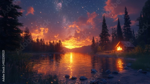 Serene sunset over a lake with a cozy cabin and starry sky.
