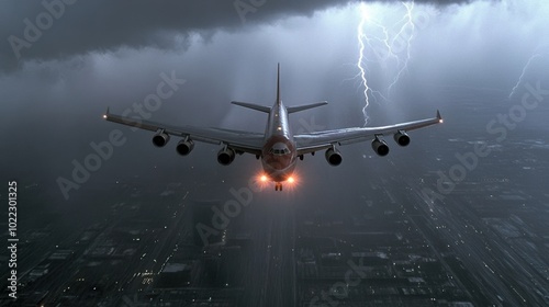 Airplane flying through stormy weather with lightning in the background. photo