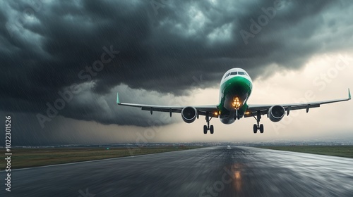 Airplane landing on a runway against a backdrop of dramatic clouds. photo