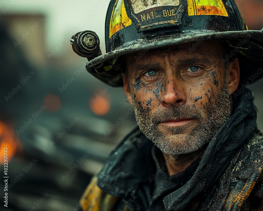 A veteran firefighter, his face covered in soot A veteran firefighter, his face covered in soot