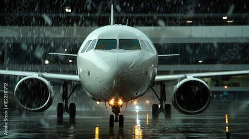 Airplane on runway during heavy rain, ready for takeoff.