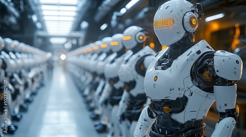 A line of white humanoid robots with yellow accents stand in an industrial setting.