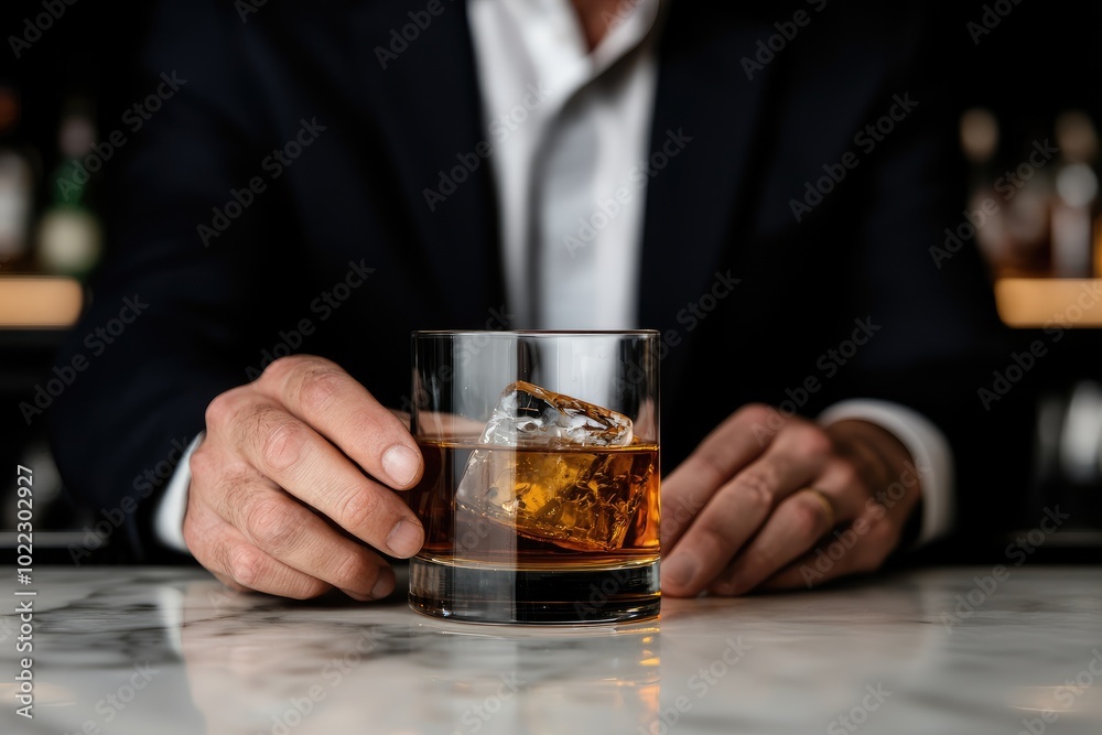 Man Sitting at Bar Holding a Glass of Whiskey Man Sitting at Bar Holding a Glass of Whiskey