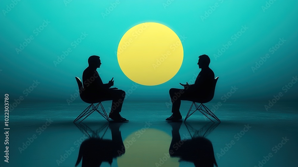 Naklejka premium Discussion Icon Featuring Speech Bubbles and Silhouettes, Symbolizing Communication and Collaboration in Social Media and Teamwork Contexts