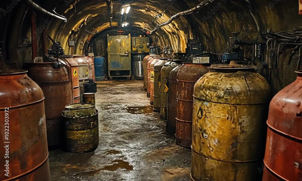 Dimly lit underground tunnel lined with storage barrels. Dimly lit underground tunnel lined with storage barrels.