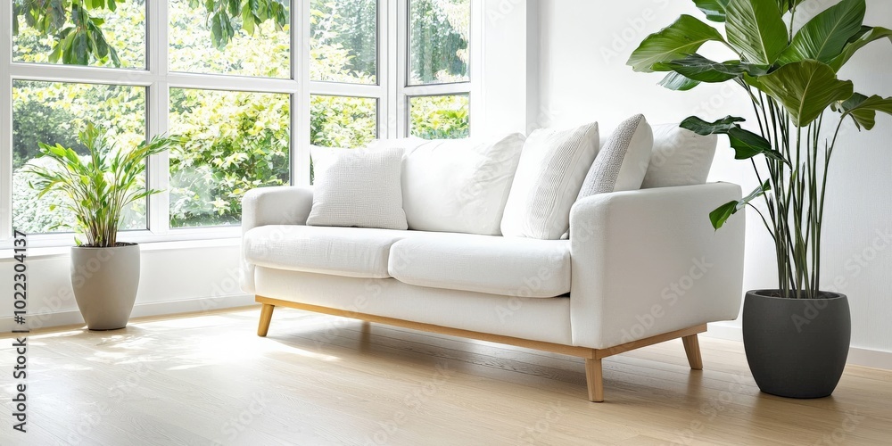 Fototapeta premium A stylish living room with Scandinavian design elements, light wooden floors, a white sofa, and indoor plants, creating a fresh, airy ambiance, panorama format