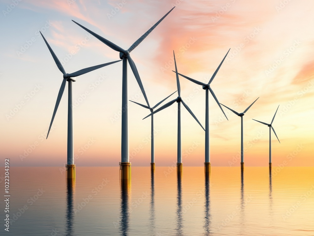 Fototapeta premium A serene sunset view of wind turbines standing tall in the ocean, symbolizing renewable energy and eco-friendly technology.