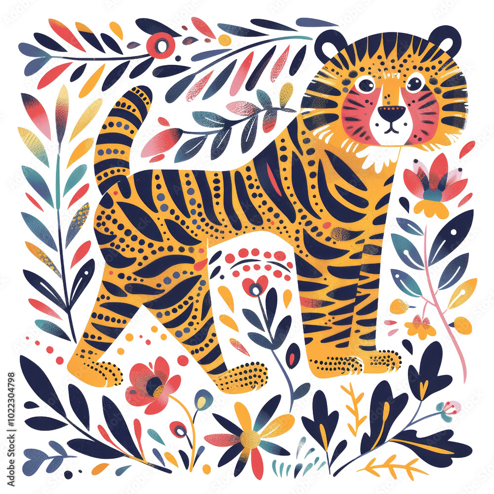 Colorful artistic illustration of a tiger surrounded by intricate floral patterns and vibrant foliage. Colorful artistic illustration of a tiger surrounded by intricate floral patterns and vibrant foliage.