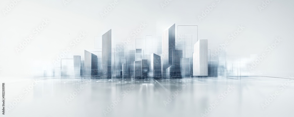 Fototapeta premium A sleek, modern city skyline with misty buildings reflecting a futuristic atmosphere in soft hues of blue and gray.