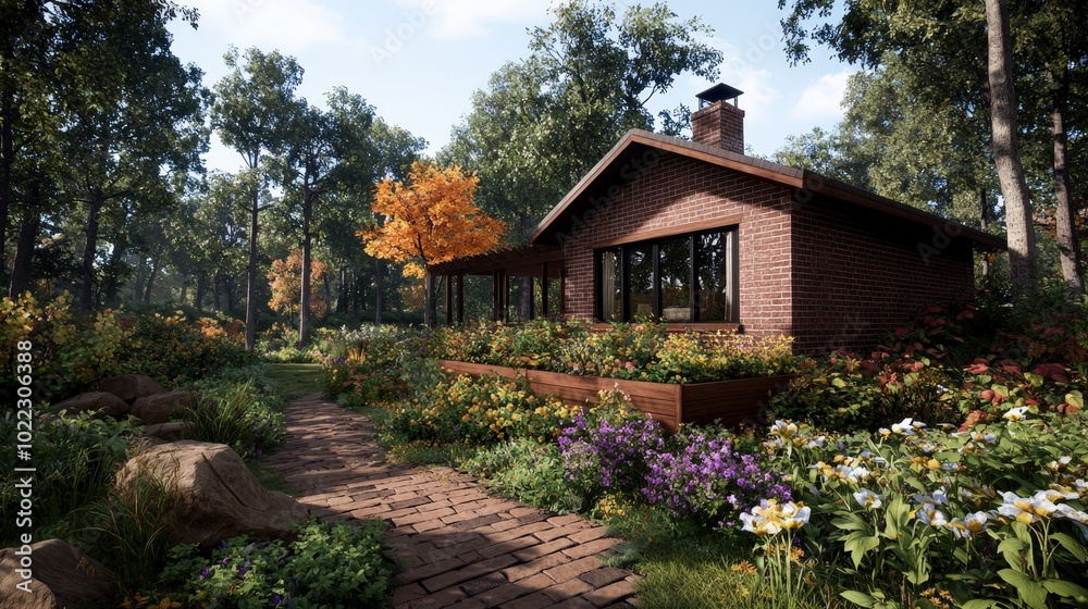 Brick House Backyard Garden with Autumn Trees and Flowers Brick House Backyard Garden with Autumn Trees and Flowers