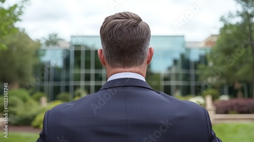 Businessman Looking at Modern Office Building Success Ambition Future