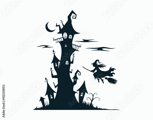 Whimsical Witch’s Tower Silhouette with Broomstick, Clouds, and Crescent Moon Vector EPS Template