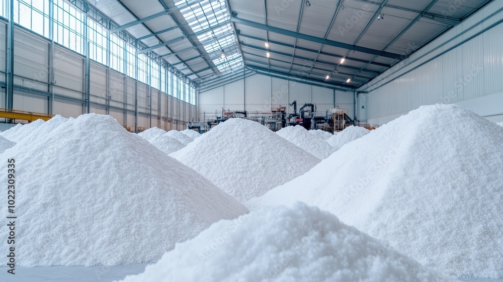 A vast warehouse filled with towering piles of white, fine granulated material under natural light, showcasing industrial production. A vast warehouse filled with towering piles of white, fine granulated material under natural light, showcasing industrial production.