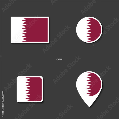 Qatar flag icon set in different shape (rectangle, circle, square and marker icon) on dark grey background. Qatar  sticker icon collection on barely dark background	
