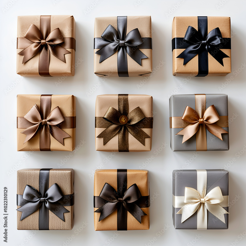 set of gift boxes with different colors and textures, arranged in rows on a white background. The boxes have various types of ribbons tied around them