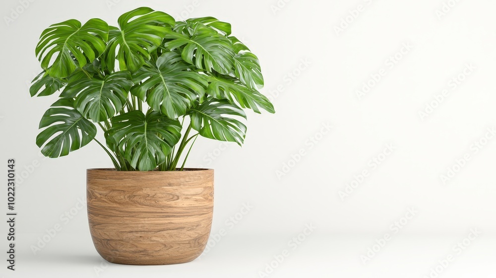 Monstera Deliciosa Plant in Wooden Pot on White Background Monstera Deliciosa Plant in Wooden Pot on White Background