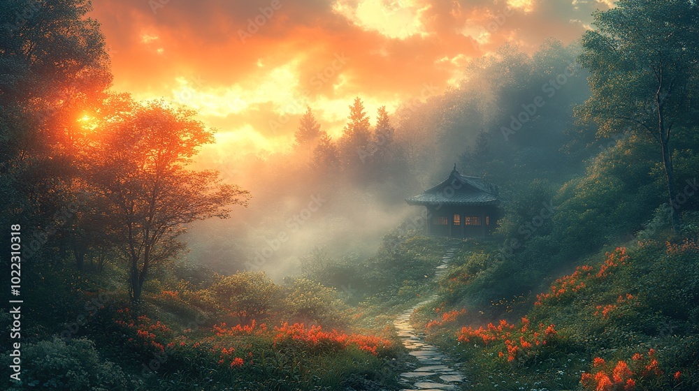 Fototapeta premium Sunrise Over Foggy Forest with Stone Path and Traditional House