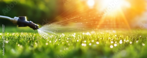 A vibrant garden scene with sunlight glimmering on freshly watered grass, showcasing the beauty of nature and gardening. photo