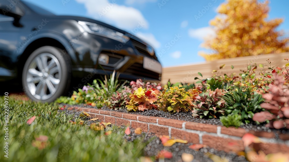 Autumn Backyard Garden with Car and Brick Wall Fall Foliage Landscape Design Autumn Backyard Garden with Car and Brick Wall Fall Foliage Landscape Design
