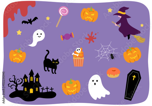 ハロウィンのかわいいベクターイラストレーションのセット