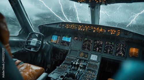 Cockpit interior with controls during a thunderstorm, dramatic lightning backdrop. photo