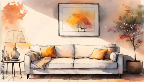 Vibrant digital art of a cozy living room with warm tones and modern decor