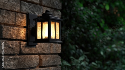 Black Wall Lantern with Warm Light on Brick Wall