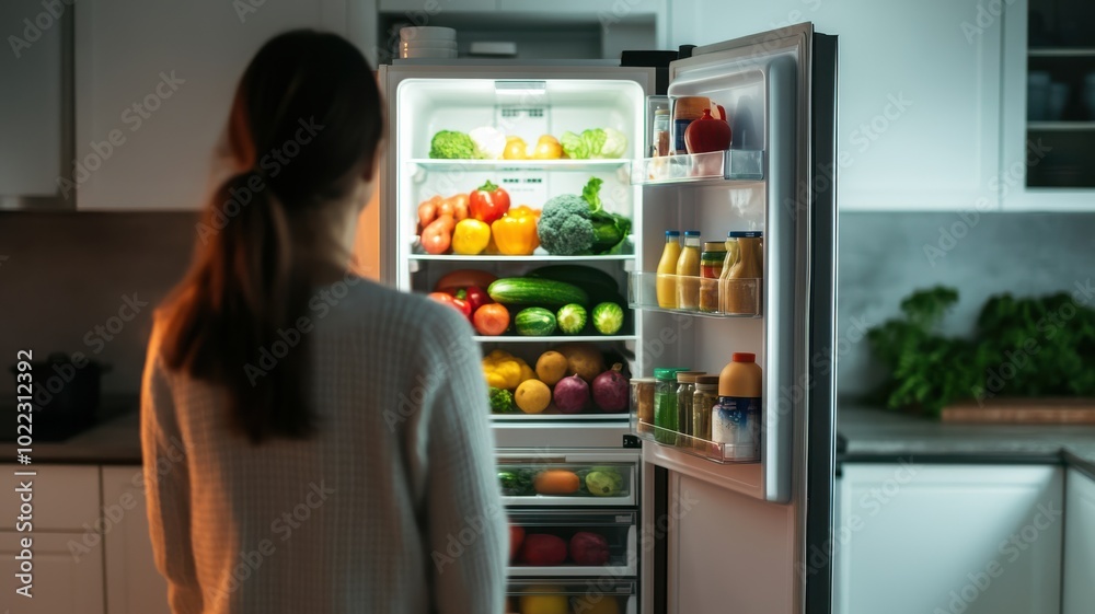 A woman stands in front of an open refrigerator filled with fresh fruits and vegetables in a modern kitchen. A woman stands in front of an open refrigerator filled with fresh fruits and vegetables in a modern kitchen.