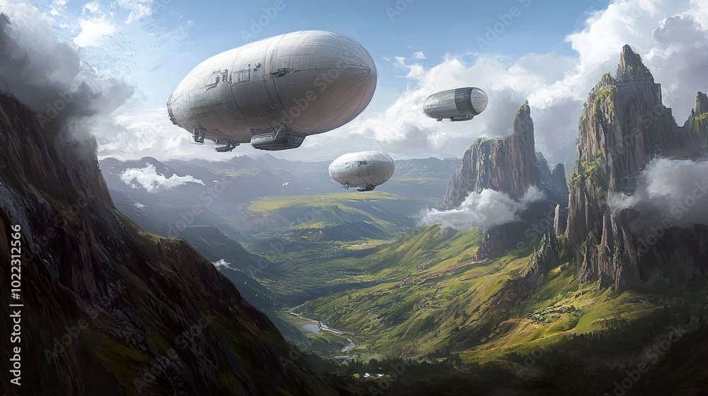 Airships Soaring Over Majestic Mountains: A Fantasy Landscape Airships Soaring Over Majestic Mountains: A Fantasy Landscape