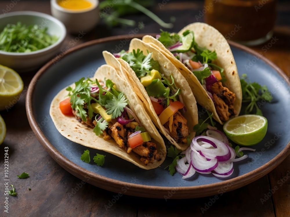 Mexican tacos with chicken meat, corn and salsa. AI Generative. Mexican tacos with chicken meat, corn and salsa. AI Generative.