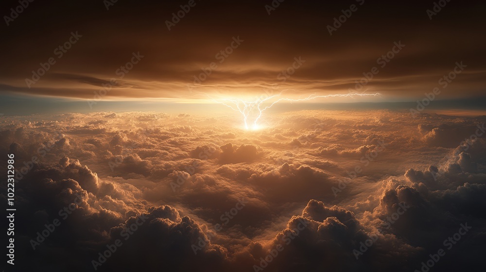 Dramatic sunset view above clouds with a warm glow and dark stormy sky. Dramatic sunset view above clouds with a warm glow and dark stormy sky.